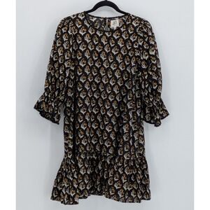 dRA Los Angeles $154 Medium Black Yellow Tiered Ruffle Floral Cotton Mini Dress